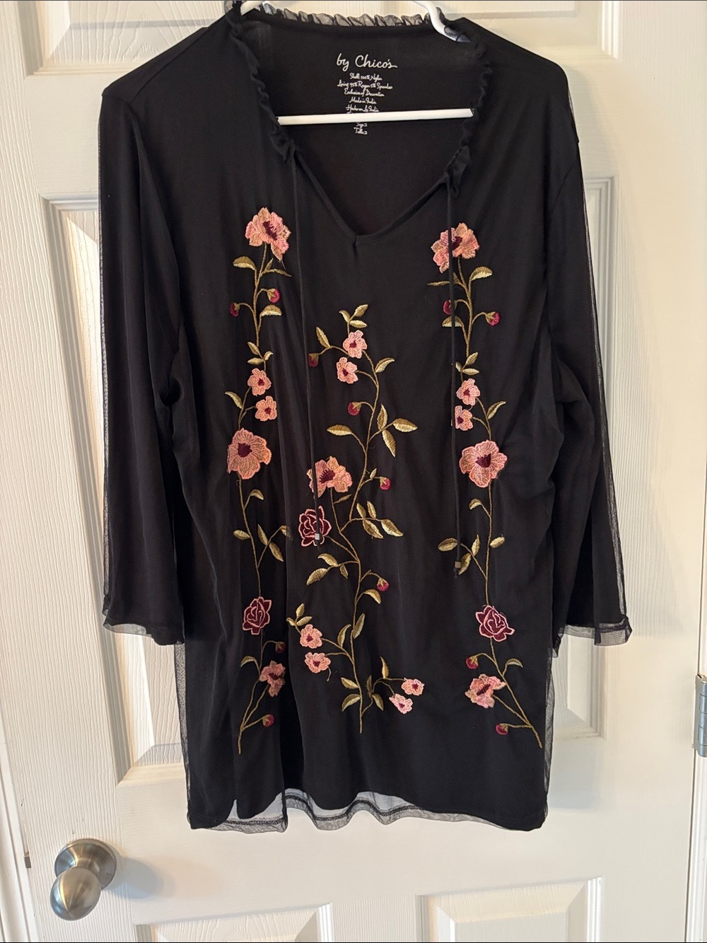 Chico's Black Tunic with Pink and Gold Floral Embroidery